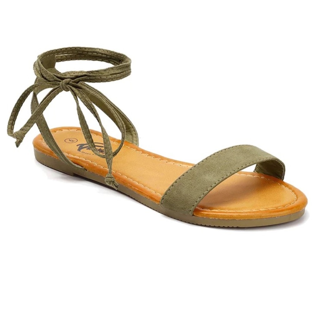 Green Flat Sandals with Ankle Ties and Open Toe
